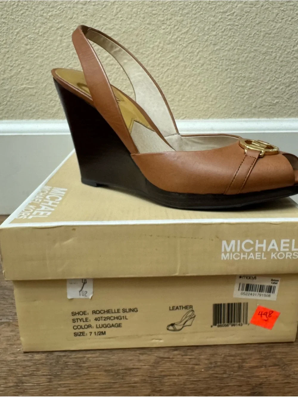 Michael Kors Rochelle Peep-Toe Wedges Size 7.5M Color Luggage (Carmel Brown).